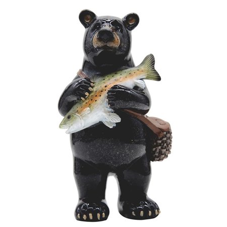 TRAMA 7 in. Bear Holding Largemouth Bass Fish Statue, Black TR2003405
